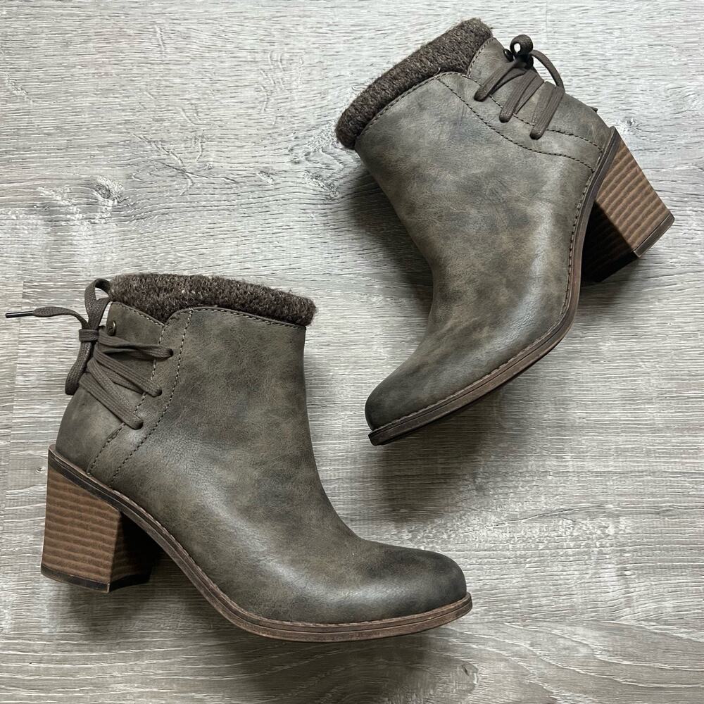 Roxy Dakota Sz 8 Booties Faux Leather Sherpa Lined Block Heels Boho Western Tie